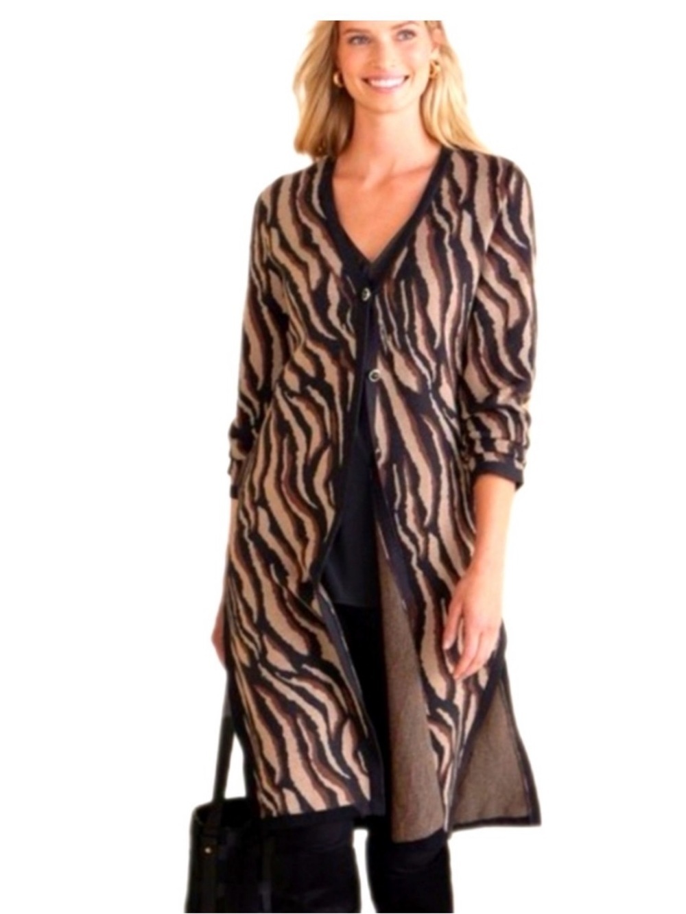 Soft Surroundings Veronica Jacquard Neutral Animal Brown Cardigan Size Medium MP